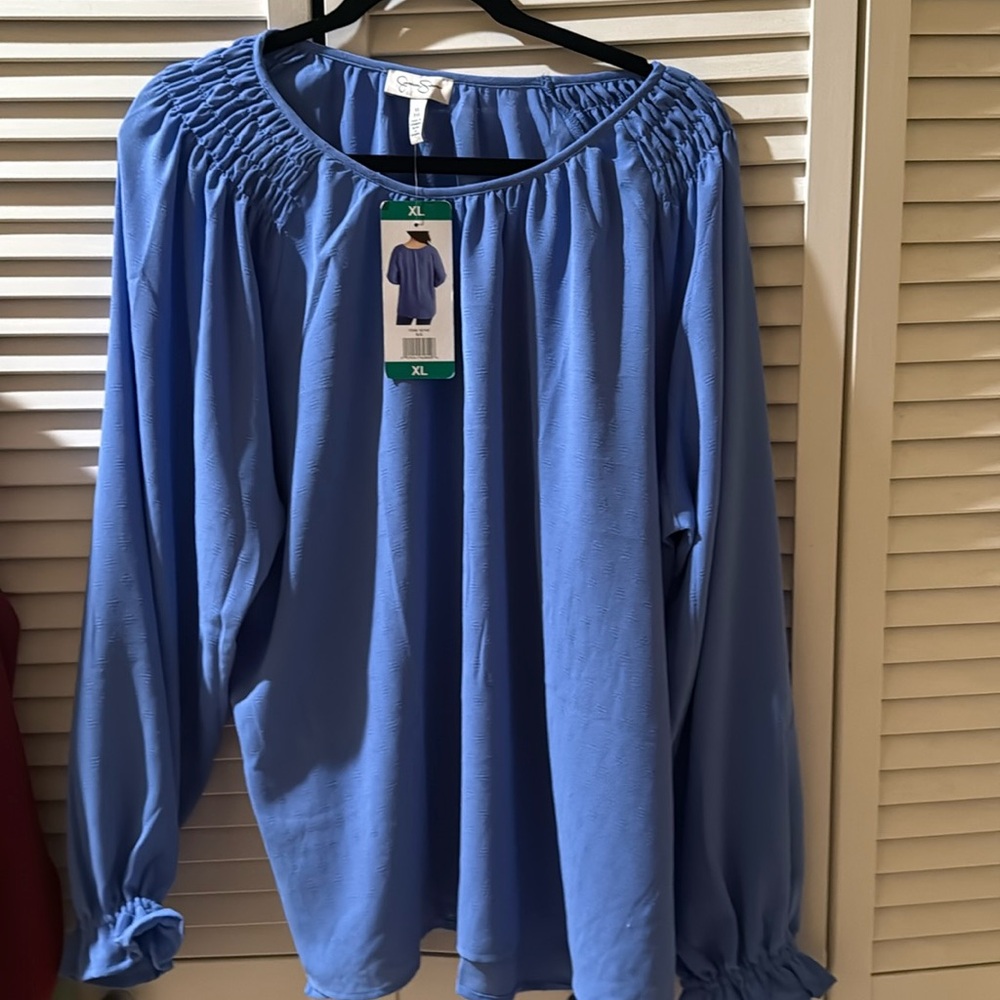 NWT Jessica Simpson blue pointelle long sleeve blouse w/elastic sleeve &shoulder